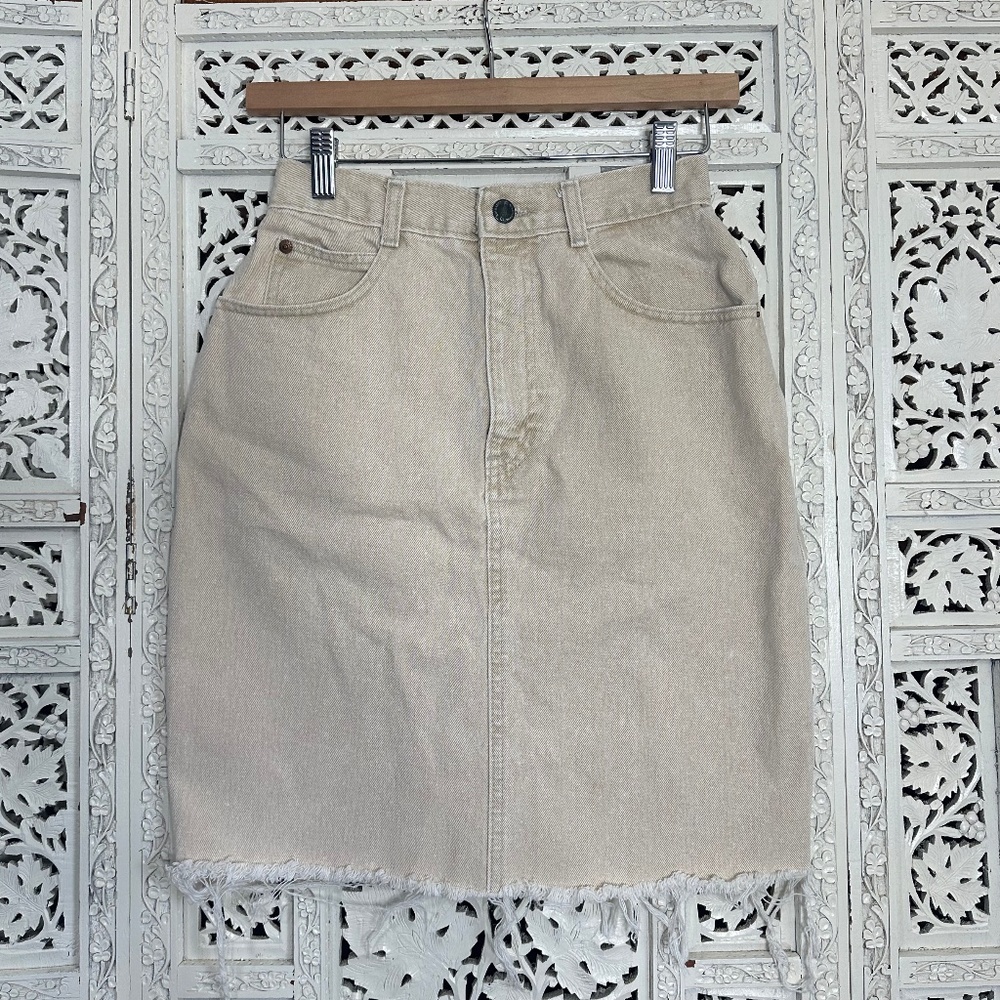 Vintage 80's 90's Khaki Neutral Retro Boho Raw Hem Denim Skirt Sz XS - Picture 1 of 7